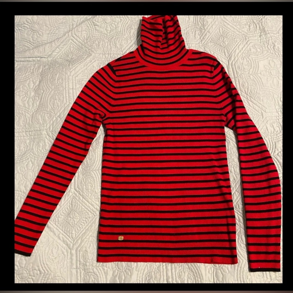 Lauren Ralph Lauren Sz L Red Turtleneck with Blue Stripes EUC,